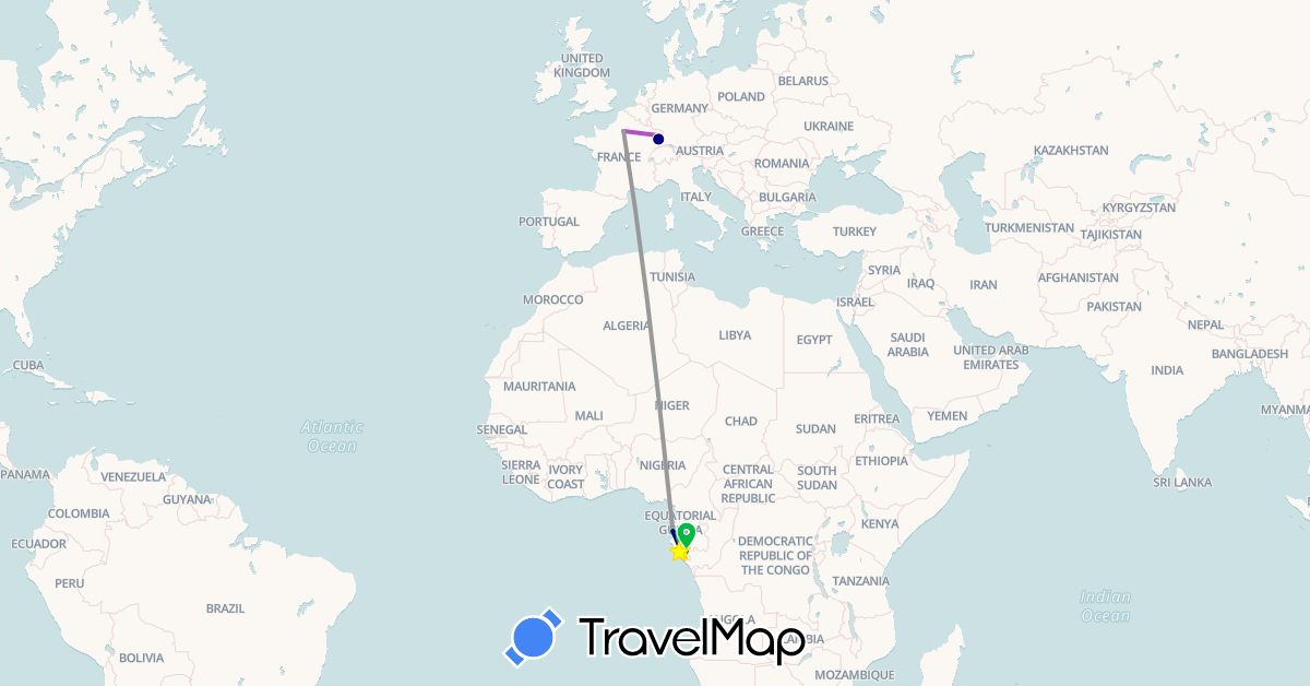 TravelMap itinerary: driving, plane, train, clando/ taxibrousse in France, Gabon (Africa, Europe)