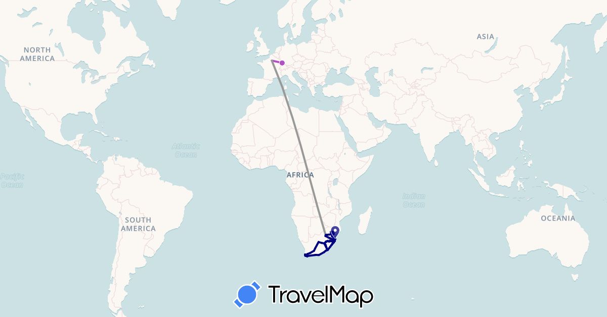 TravelMap itinerary: driving, plane, train in France, Lesotho, Swaziland, South Africa (Africa, Europe)